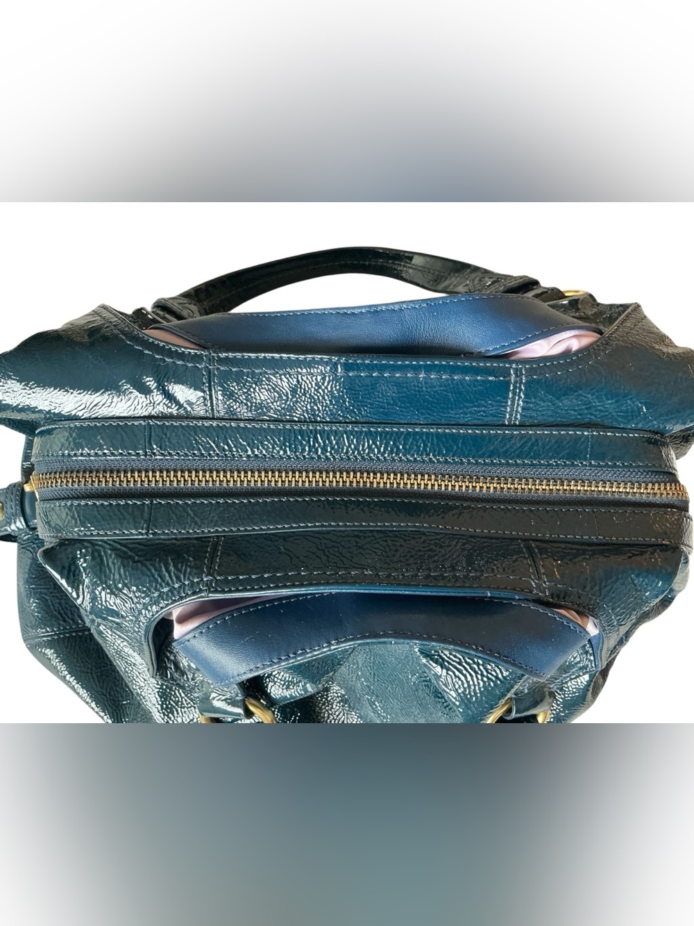 Coach Maggie Teal Blue Patent Leather Pleated Hobo Shoulder Bag 13900 - Picture 14 of 16